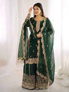 Traje Anarkali Tradicional Indio-Pakistaní Verde para Mujer con Dupatta, Bordado, de Seda, Largo hasta el Suelo, Corte Regular - Product Image 2