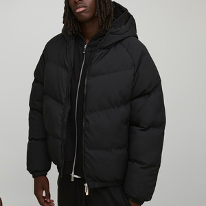 Veste matelassée noire pour homme, coupe-vent, respirante, en polyester, pour l'hiver, décontractée, coupe classique, fermeture éclair, couleur unie, logo sur le devant - Product Image 1