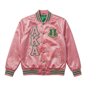 Chaqueta bomber vintage ligera de satén, personalizada y corta para mujer, transpirable, rosa, con bordado de sororidad. - Product Image 1