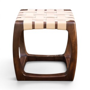 Indonesian Handmade Teak <b>Wood</b> <b>Stool</b> with Woven Leather Straps Seat Contemporary Accent Chair for Home Decor Indoor Outdoor Use - Product Image 2