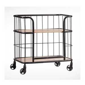 Chariot de rangement roulant à deux niveaux avec cadre en métal noir, étagères en bois, chariot utilitaire mobile, organisateur industriel moderne - Product Image 1