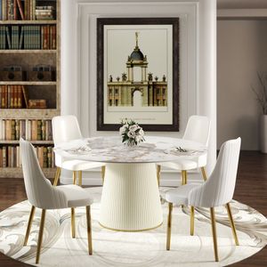 Moderno bianco pietra artificiale Beige compensato PU Base tavolo da pranzo per 8 persone esclusive di sedie - Product Image 1