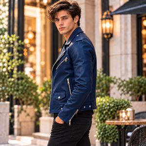 Herren Echtleder Motorradjacke Bikerjacke Slim Fit Moto-Jacke mit Reißverschluss Mehrere Taschen - Product Image 4
