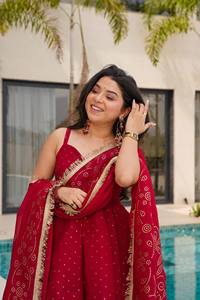 Costume Anarkali traditionnel indien pakistanais pour femmes, couleur marron, avec dupatta, brodé, tenue de mariage, coupe ample, extensible - Product Image 2