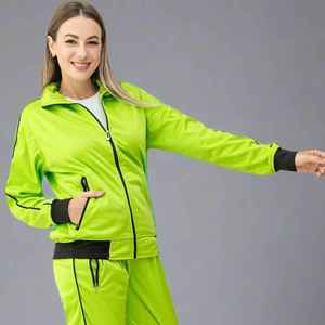 Survêtement vert néon pour femmes, manches longues, col montant, fermeture éclair, poches latérales, style sportif, vêtements de printemps - Product Image 2