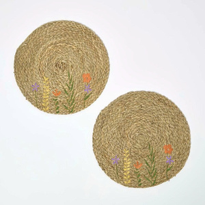 Elegant Hand-Embroidered Wildflower Seagrass <b>Round</b> Placemat Rustic Boho Natural Woven <b>Table</b> <b>Mat</b> for Cottage Dining <b>Table</b> Decor - Product Image 3