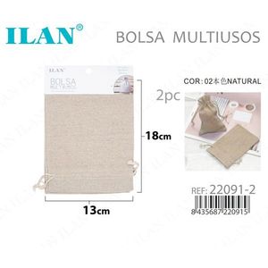 Borsa Multiuso ILAN 13x18cm Colore Naturale 2pz Sacchetto Portaoggetti in Cotone e Lino - Product Image 1