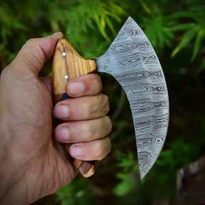 Cuchillo Ulu profesional de acero de Damasco de alta calidad, cuchillo para pizza hecho a mano, cortador de pizza, estilo vikingo, mango de madera, OEM. - Product Image 5