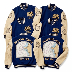Veste universitaire en gros, corps en laine marron, manches en cuir beige, broderie Global Prime Meridian Longitude, style Letterman - Product Image 5