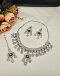 Designer Rhodium Plated Oval Cut CZ Stone <b>Necklace</b> <b>Set</b> With <b>Earrings</b> & Mangtika For Women Ethnic Fashion Jewellery <b>Set</b> Wholesale - Product Image 1