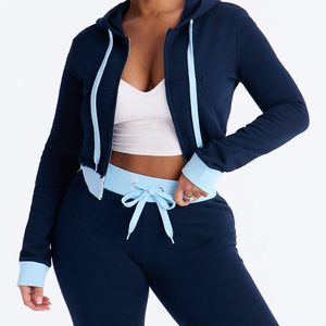 Ensemble tendance deux pièces pour femme, comprenant un sweat à capuche court zippé à manches longues coupe droite et un pantalon de sport tricoté à taille élastiquée avec cordon de serrage, effet usé - Product Image 4