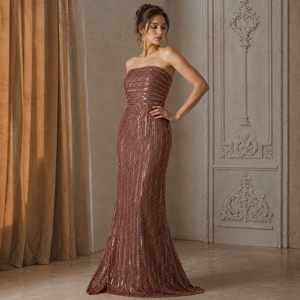 Vestido de Noche Elegante sin Tirantes con Lentejuelas en Oro Rosa para Mujer |   Elegante Vestido Largo Formal con Cuello Tubo |   Ropa de Fiesta para Invitados de Boda - Product Image 2