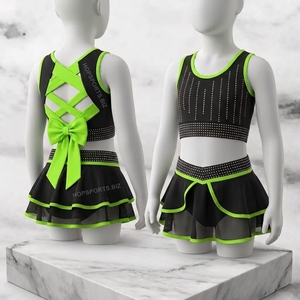 Sujetador deportivo con pedrería para niñas, falda de animadora con lazo, ropa de práctica de baile con pedrería, uniforme de entrenamiento de animadora - Product Image 1