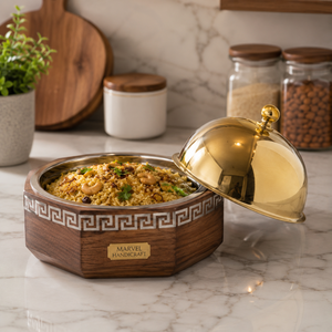 Marvel Handicraft Premium Wooden Insulated Casserole with Gold Stainless Steel Dome Lid Luxury Hot <b>Food</b> <b>Server</b> Gift Serveware - Product Image 3