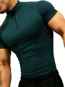 Meilleure T-shirt de compression décontracté pour homme, coupe ajustée, en coton uni, à demi-zip, manches courtes, séchage rapide et respirant, avec logo personnalisé - Product Image 4