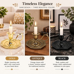 Gold Brass Chamberstick <b>Candle</b> Holder Handled Taper Stand Vintage Octagon <b>Dish</b> Base Candleholder Home Table Wedding Christmas - Product Image 4