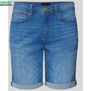 Pantalones Cortos de Mezclilla Azules para Hombre, Corte Slim Fit, Casuales de Verano, de Algodón, Cintura Media, Dobladillo Enrollado, Largura hasta la Rodilla, para Uso Diario - Product Image 1