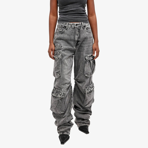 Jeans Cargo Holgados de Cintura Media con Logotipo Personalizado para Mujer, 100% Algodón, Transpirables, Lavados, con Múltiples Bolsillos, Tallas Grandes - Product Image 1