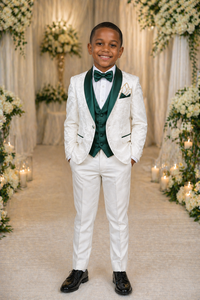 Traje de esmoquin jacquard blanco personalizado para niños con chaleco de solapa tipo shawl verde esmeralda y corbatín, conjunto formal de 5 piezas para boda - Product Image 3