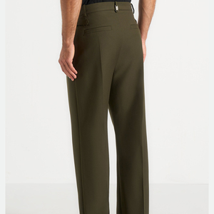 Pantalon formel plissé vert olive pour homme, taille haute, coupe droite, infroissable, mélange polyester-laine, idéal pour l'automne - Product Image 2