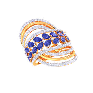 Bague en or de luxe multi-couches avec saphir bleu en forme de poire pour les bijoux de mariage et de fête pour femmes - Product Image 2