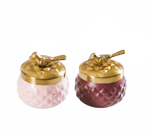 Bocaux à fruits secs en métal tendance avec couvercle en forme d'oiseau doré – Récipients de rangement à motif diamant martelé, ensemble de décoration de luxe pour cuisine et table - Product Image 1