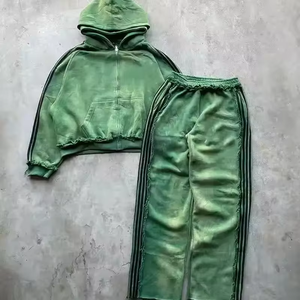Custom Vintage Sun Faded Sweatsuit Distressed Embroidery Patch Acid Wash Striped Hoodies and Sweatpants Set <b>Tracksuits</b> - Product Image 4