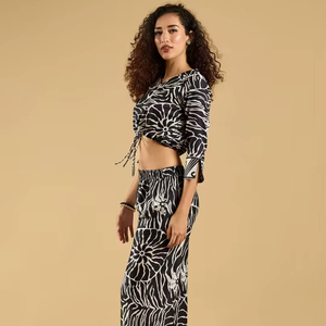 Conjunto de Top Corto de Punto Sólido Estampado con Cuello en V para Mujer y Pantalones Coordinados, Tops de Encaje con Cuello en V y Botones Delanteros Transpirables - Product Image 1