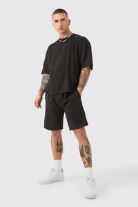 Men's Black Oversized T-Shirt and Shorts <b>Set</b> 100% Cotton Casual Summer Streetwear 2 Piece Outfit - Product Image 6