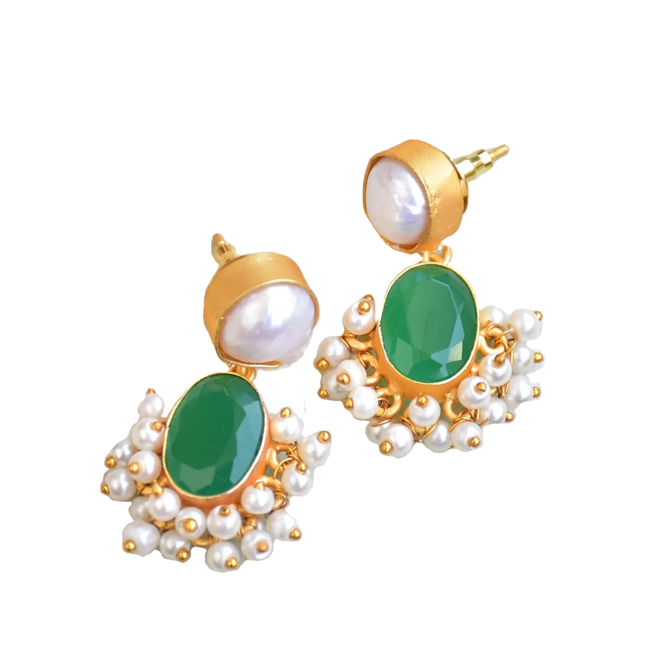 Bridal modern drop earrings Freshwater Pearl dangling green earring Indian suppliers and wholesale wedding 18k gold jewelry