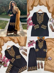 Ensemble Kurti en soie chinon de qualité supérieure avec broderie de sequins et zari, bordure en dentelle à motifs de pièces de monnaie, micro-dentelle intérieure, plazzo de 37 pouces, dupatta taille unique en soie organza - Product Image 2