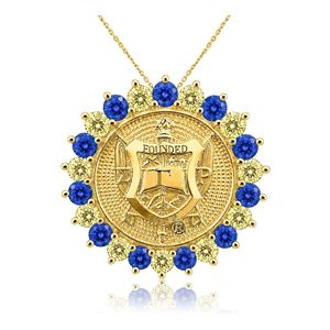 Colgante de Oro Sunburst SGRHO con Circonitas Azules y Doradas, Joyería de Escudo de Hermandad para Mujer, Cadena con Dije Brillante de Inspiración Griega - Product Image 1