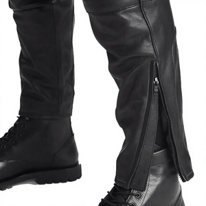 <b>Men's</b> Black <b>Leather</b> Moto Biker <b>Pants</b> High Waist Straight Fit With Side Pockets Button Fly Heavyweight Autumn Style - Product Image 6