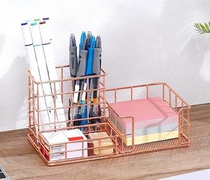 Minimalist Metal Desk Organizer Double Tier Storage Holder Rectangle Office Stationery Rack Tabletop Mount - Product Image 3