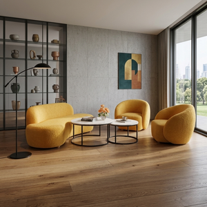 Conjunto de sofá amarillo moderno con una mesa de centro redonda hecha de madera de pino americano para salas de estar contemporáneas y elegantes. - Product Image 5
