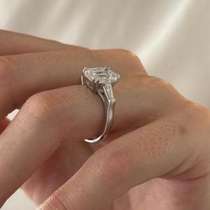 4 Carat <b>Emerald</b> Cut E VVS2 Lab Diamond 3 Stone <b>Ring</b> , Tapered Baguette Three Stone, White Gold , IGI Certified - Product Image 3