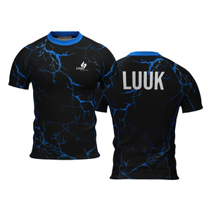 Camiseta Personalizada de Manga Corta para Hombre, Cuello Redondo, Diseño de Rayo Azul sobre Negro, Impresión por Sublimación, para Toda Temporada - Product Image 3