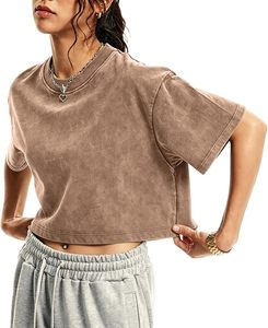 Camiseta Corta de Mujer, Color Marrón, Cuello Redondo, Manga Corta, Corte Holgado, Informal, Tejida, Color Sólido, para Uso Diario en Todas las Temporadas - Product Image 2