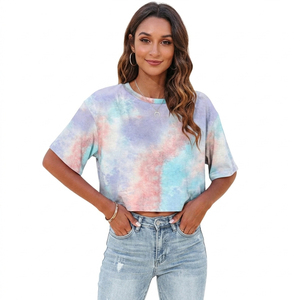 Camisetas Cortas de Verano para Mujer al por Mayor, Estilo Tie Dye Pastel, Manga Corta, Estampado Gráfico, Hombros Caídos, Oversize, Coloridas - Product Image 5