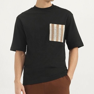 Mens Cotton T-Shirt 180 GSM Contrast Crochet Pocket Crewneck Short Sleeve Black Tee OEM Apparel Manufacturer - Product Image 6