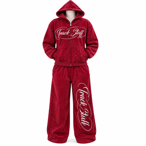 Ensemble de survêtement d'hiver 2 pièces pour femme, coupe classique, imprimé uni, écologique, léger, décontracté, avec strass - Product Image 1