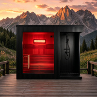 Cabine de sauna extérieure en pin thermo, sauna carré à vapeur pour 3-4 personnes, chauffage au bois noir, OEM avec option de luminothérapie rouge et Wi-Fi intelligent