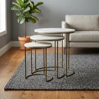 Ensemble de 3 tables gigognes modernes en fer et marbre, plateau rond en marbre blanc, structure en métal noir, tables basses d'appoint pour salon