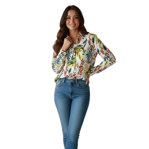 Hawaiian Vacation Style Summer Shirt for Women Retro Floral Beach Top with Elastic Loose Fit Lapel Collar <b>Polyester</b> - Product Image 1