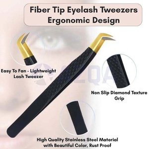 Pinzas para extensión de pestañas con punta de fibra dorada y negra, curvadas en forma de L, de acero inoxidable, herramienta profesional para pestañas - Product Image 5