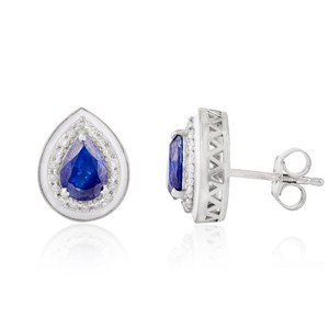 14K White Gold Pear Cut Blue Sapphire Solitaire Halo Stud <b>Earrings</b> - Product Image 6