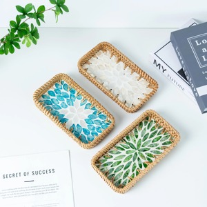 Rectangle Mother Of Pearl Rattan Tray For Aesthetic Family Dining And Vanity Tray For Perfume Bottles <b>Candles</b> Or Jewelry - Product Image 6