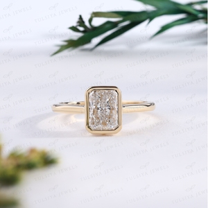 Elegant Radiant Cut Diamond <b>Ring</b> Thick Bezel Border <b>Plain</b> Gold Band Promise <b>Ring</b> Minimalist Anniversary Jewelry Gift - Product Image 1