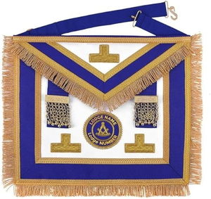 Custom Embroidered Leather V-Neck Masonic Apron Safety <b>Pin</b> Blue Gold Fringe Lodge Badge <b>Sew</b>-On Classical Style Garment - Product Image 1