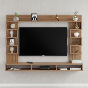 Meuble TV mural en bois d'ingénierie |   Support pour décodeur et meuble TV avec étagères pour livres et décorations |   Teck exotique - Product Image 1